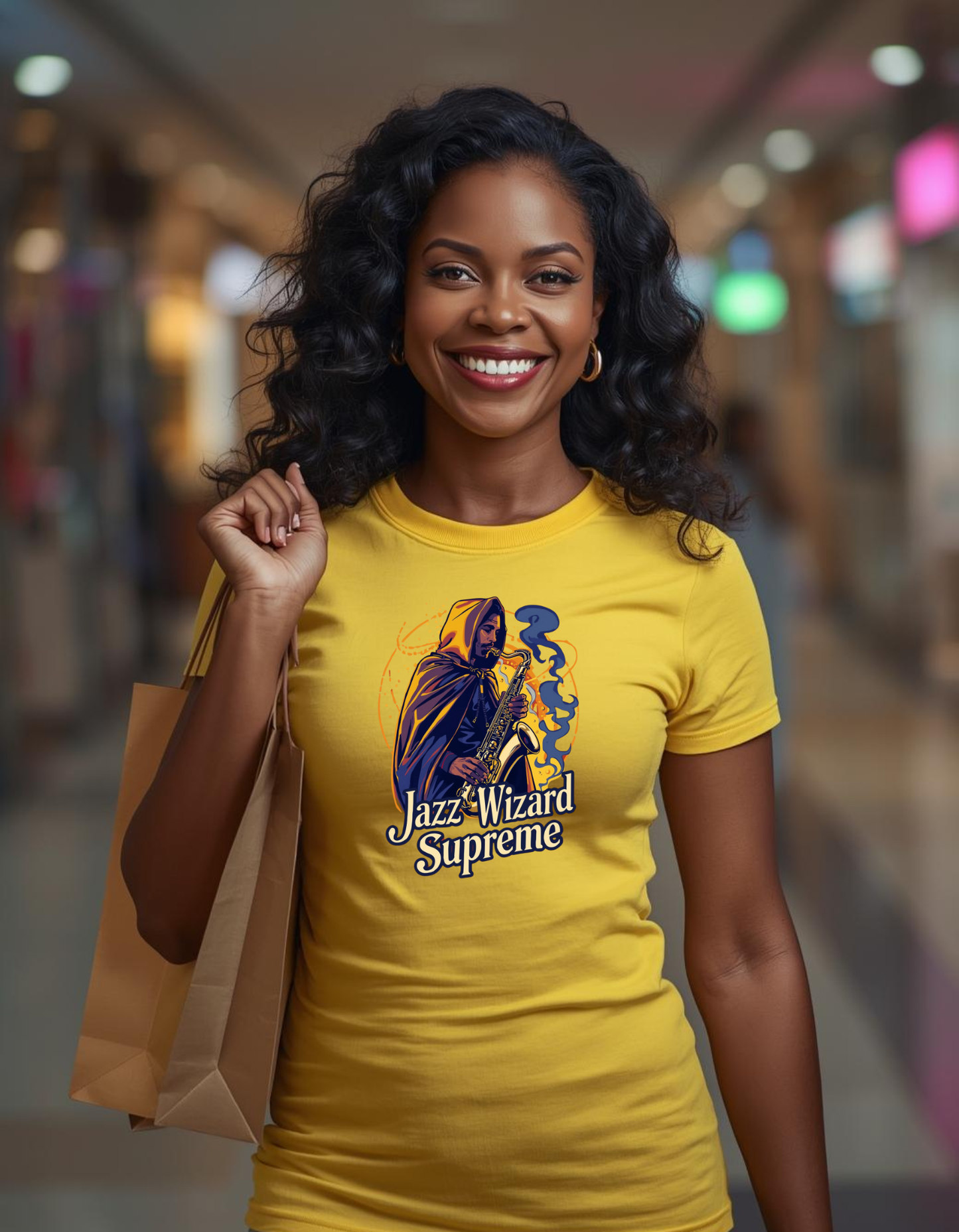 Woman wearing a yellow t-shirt with 'Jazz Wizard Supreme' design, holding a paper bag in a blurred indoor setting.