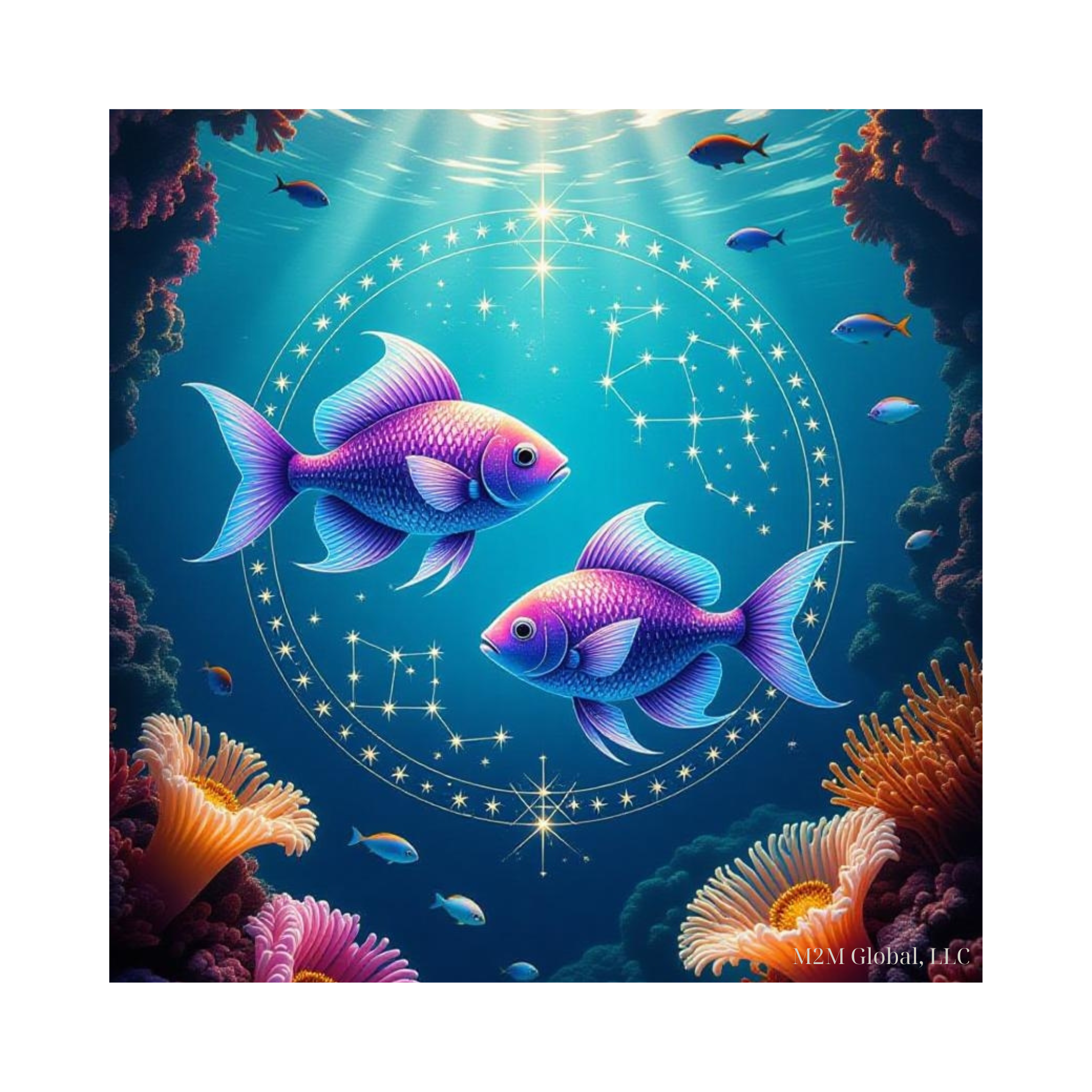 Two purple fish swimming in an underwater scene with constellations and stars.