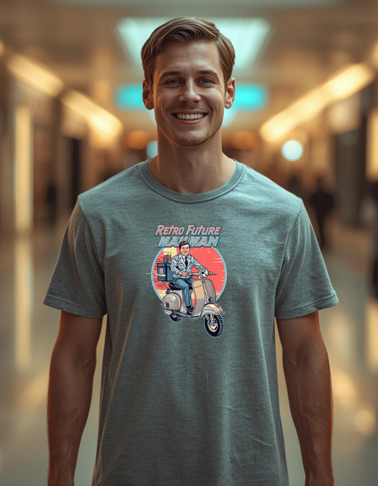 Man wearing a t-shirt with a retro design of a man on a scooter.