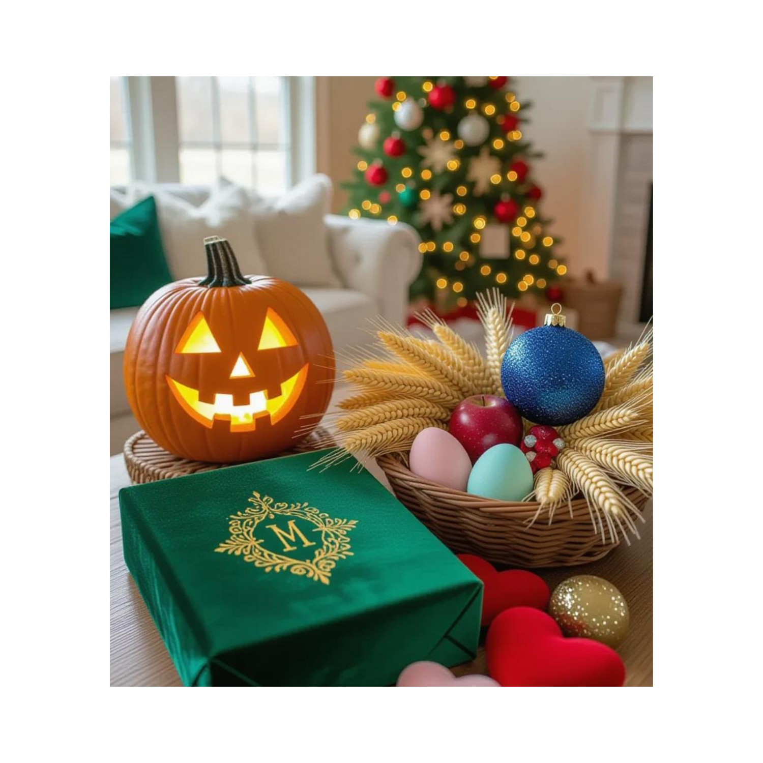 Decorative scene with a lit jack-o'-lantern, Christmas tree, and Easter basket in a living room.