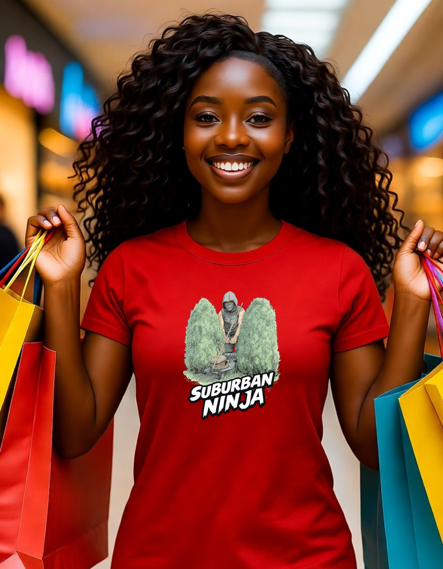 Woman wearing a red t-shirt with 'Suburban Ninja' graphic, holding shopping bags in a mall.