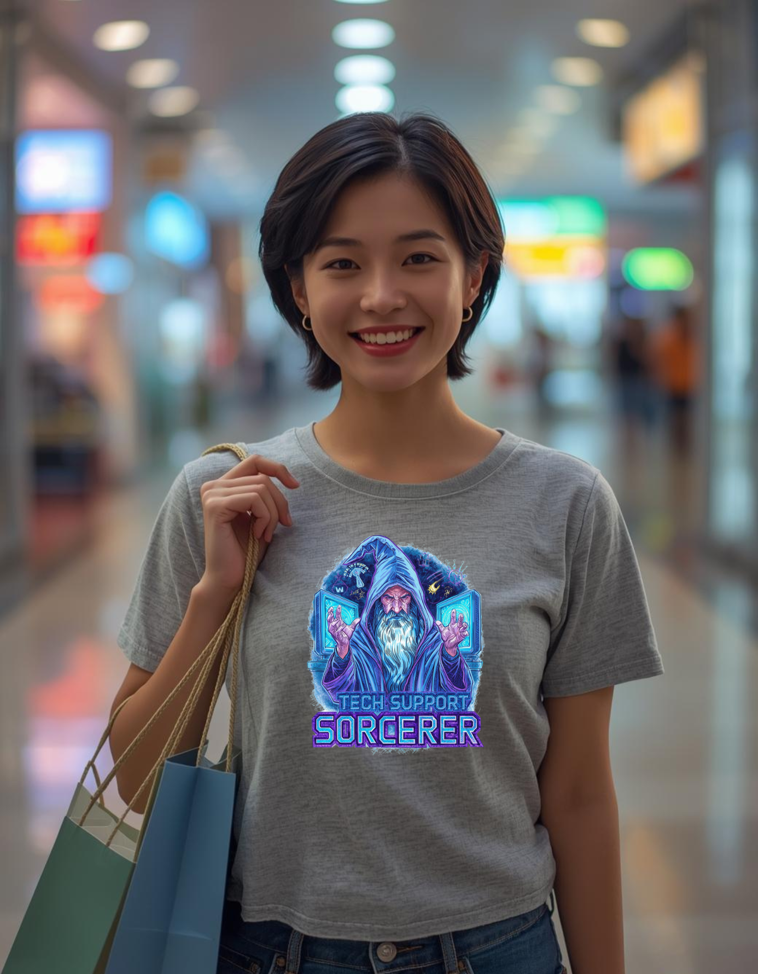 Woman wearing a t-shirt with a graphic design in a shopping mall