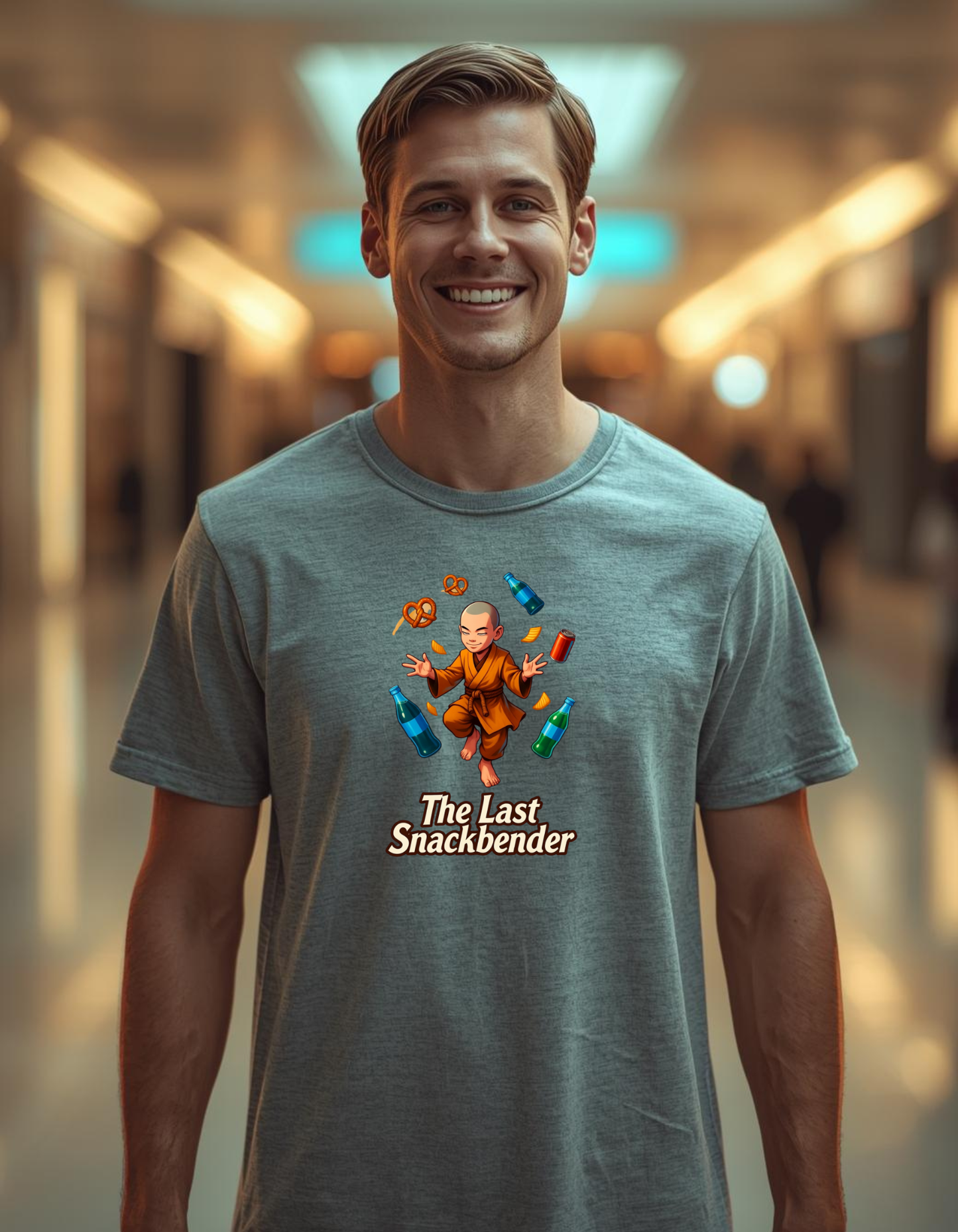 Man wearing a gray t-shirt with 'The Last Snackbender' graphic design.