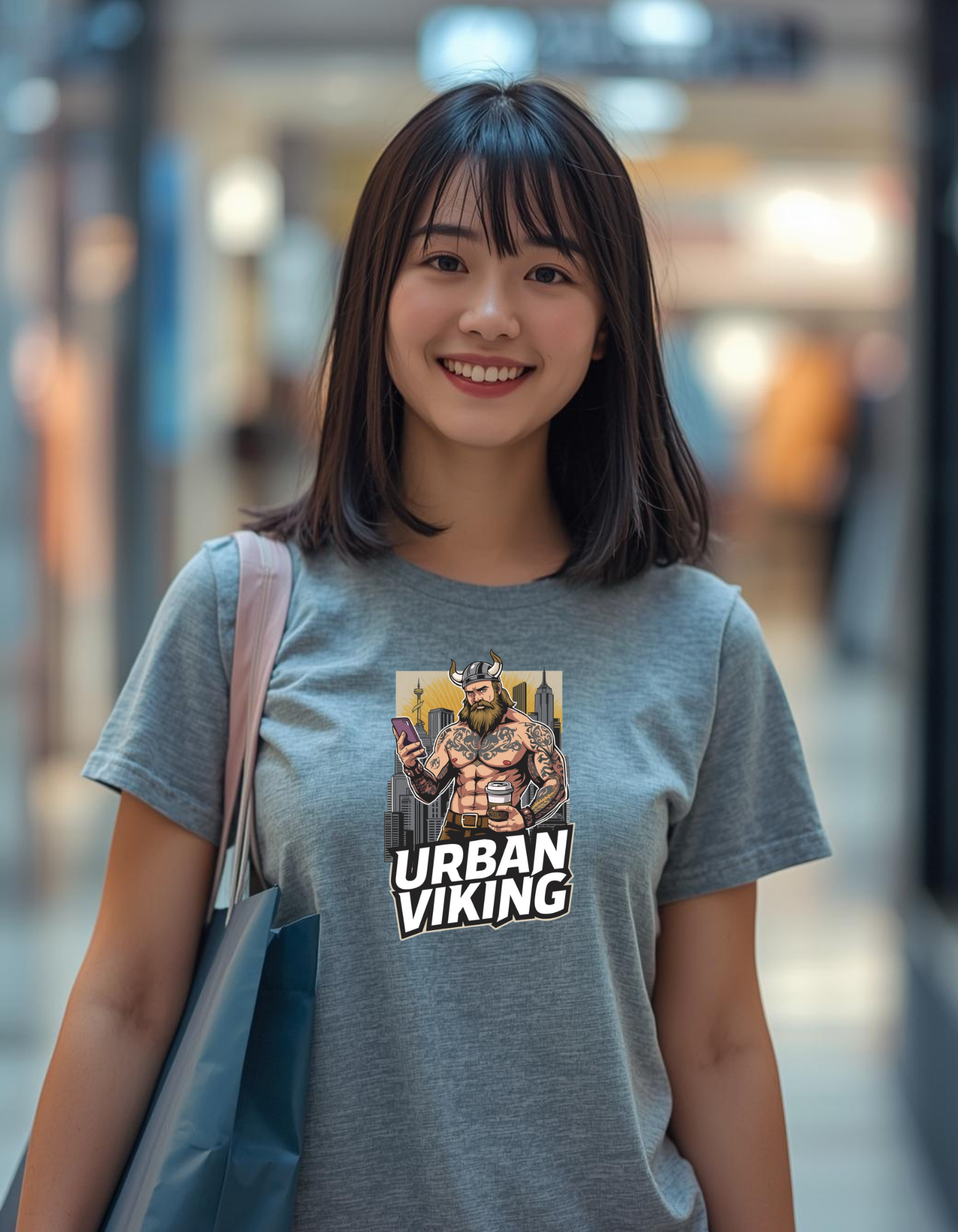 Person wearing a gray t-shirt with 'Urban Viking' graphic design in an indoor setting