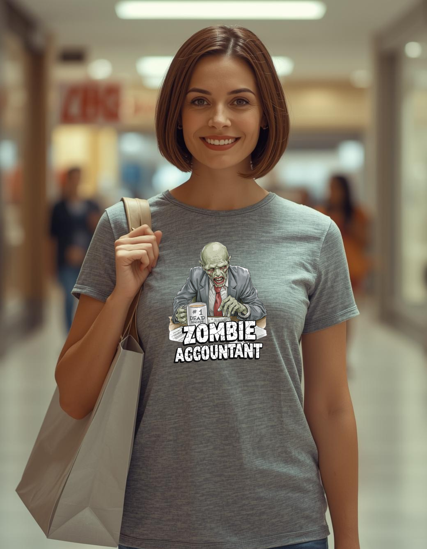 Woman wearing a t-shirt with a 'Zombie Accountant' graphic in a mall setting