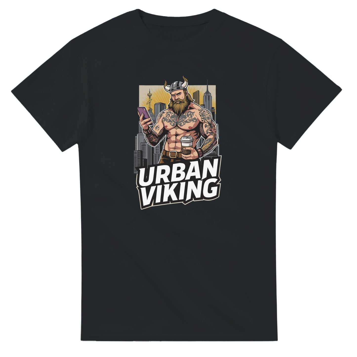 Person wearing a gray t-shirt with 'Urban Viking' graphic design in an indoor setting