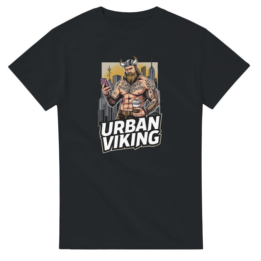 Person wearing a gray t-shirt with 'Urban Viking' graphic design in an indoor setting