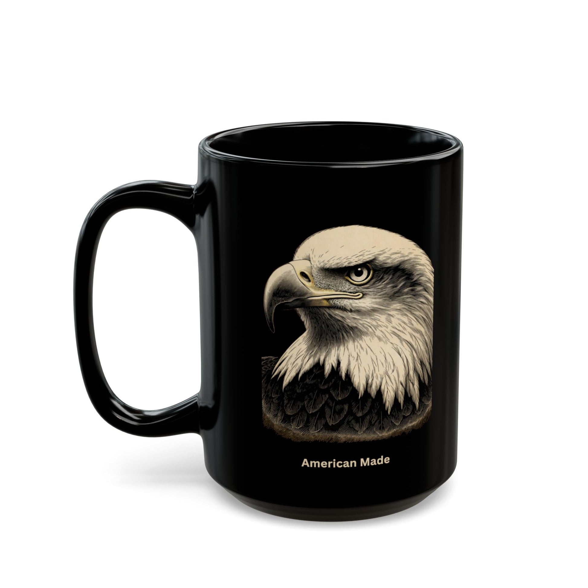 Black mug with detailed eagle head graphic and "American Made" text.