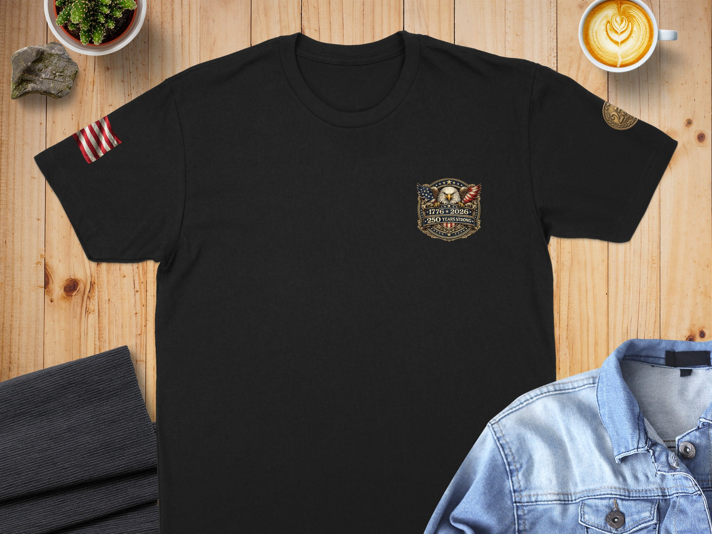 Black t-shirt with American flag and eagle emblem on left chest.