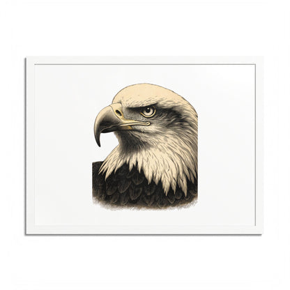 Close-up illustration of a bald eagle's head with detailed feathers.