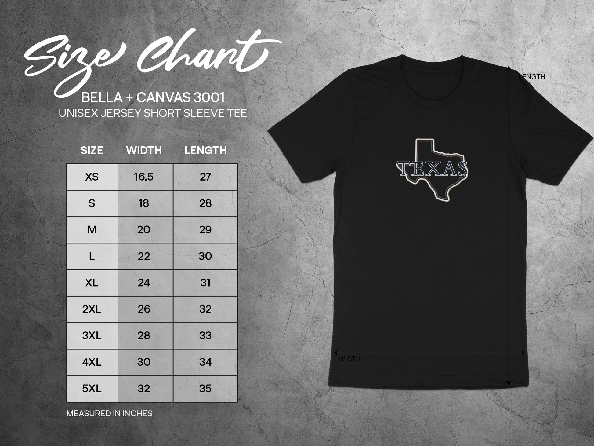 Bella + Canvas 3001 unisex tee size chart with Texas graphic.