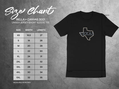 Bella + Canvas 3001 unisex tee size chart with Texas graphic.