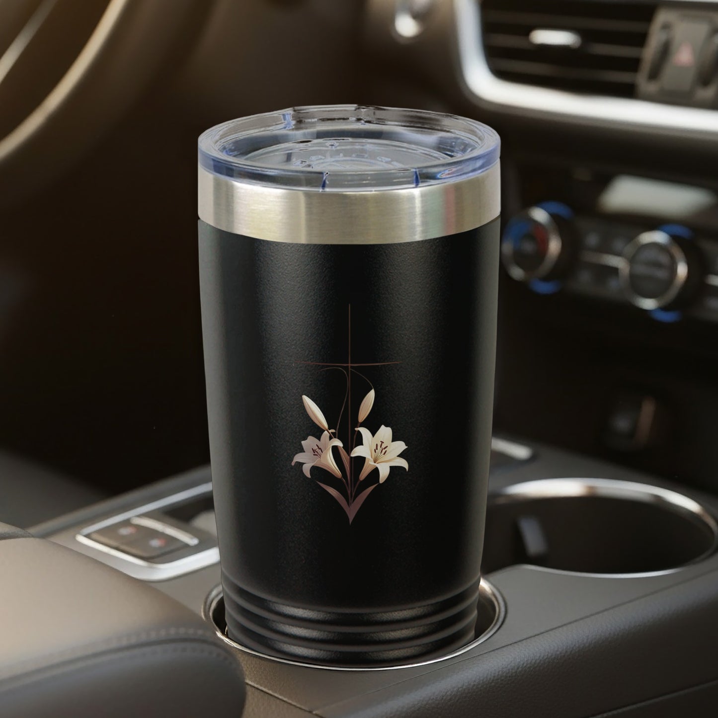 Black Tumbler White Lilies Cross Design product type