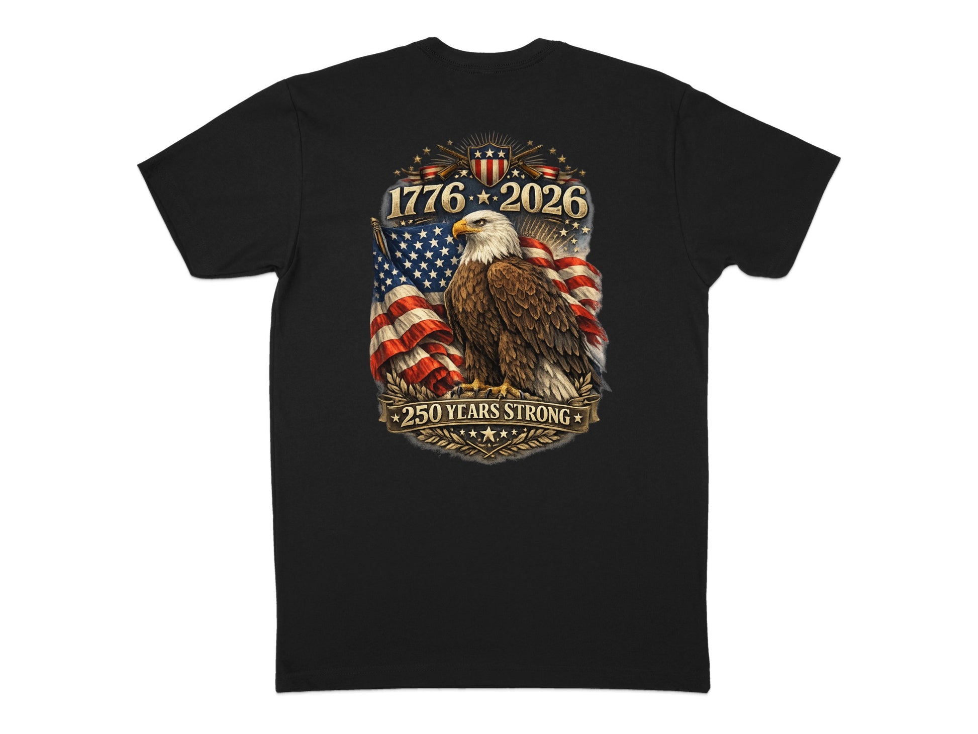 Black t-shirt with an eagle, American flags, and "1776 2026" and "250 YEARS STRONG".