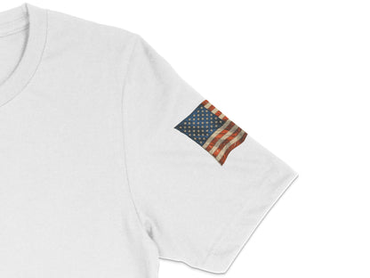 White t-shirt with distressed American flag patch on the left sleeve.