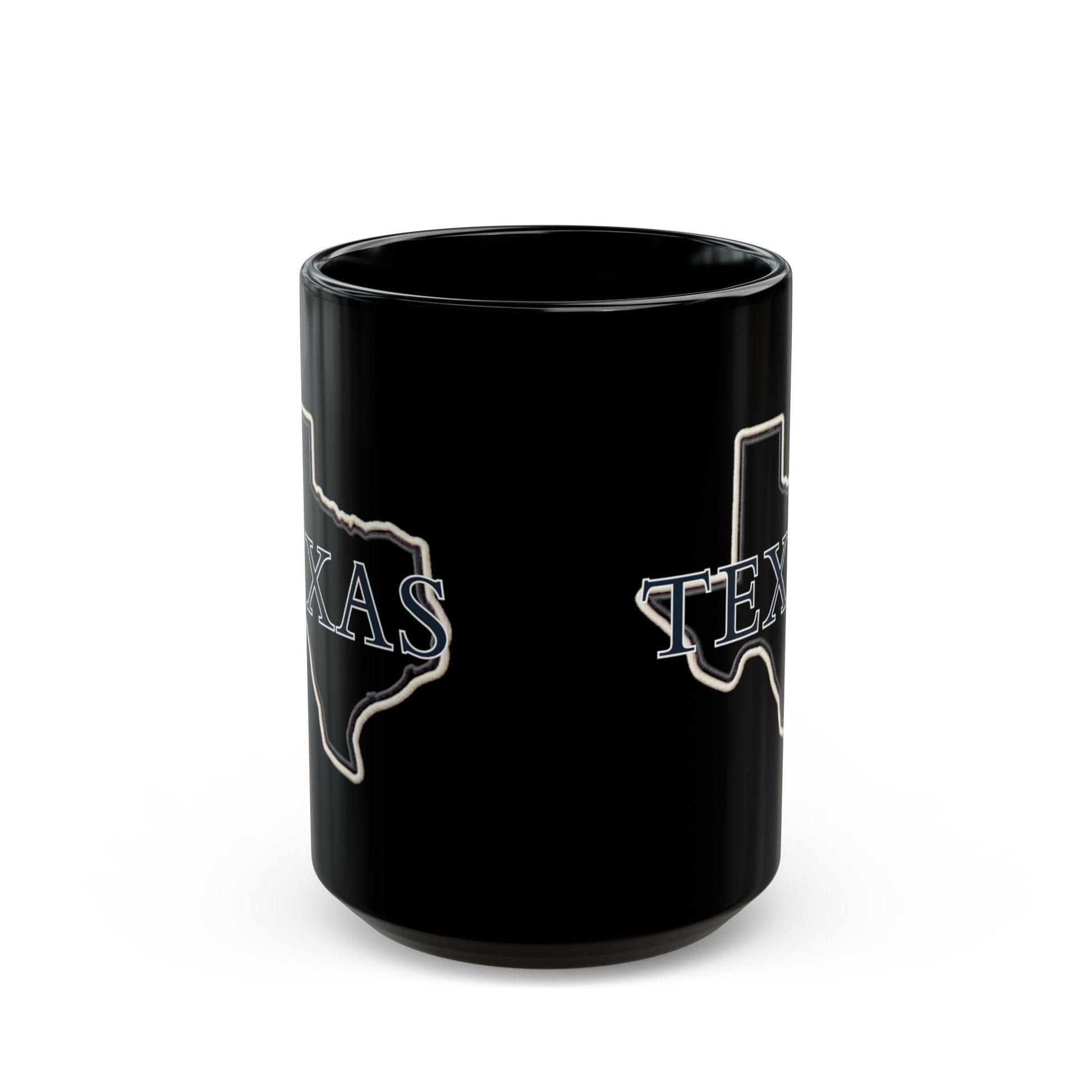 Black mug with Texas Lone Star State graphic and lettering.