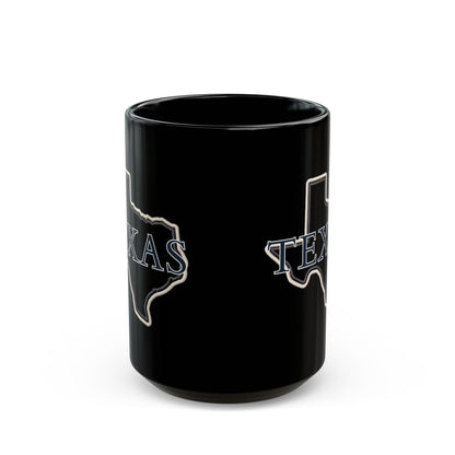 Black mug with Texas Lone Star State graphic and lettering.