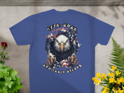 Blue t-shirt with eagle graphic and text "1776-2026 250 Years Strong".