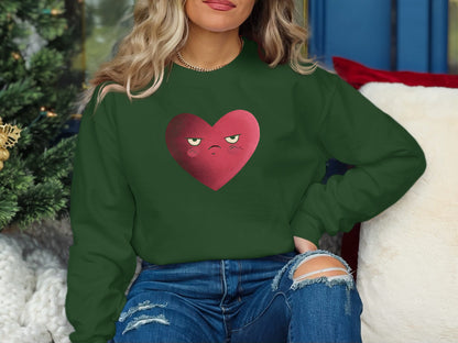 Grumpy Heart Face Graphic Green Holiday Sweatshirt