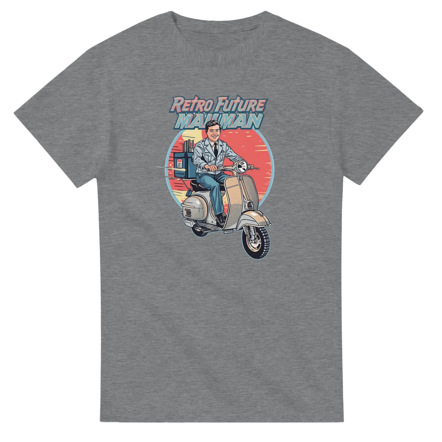 Man wearing a t-shirt with a retro design of a man on a scooter.