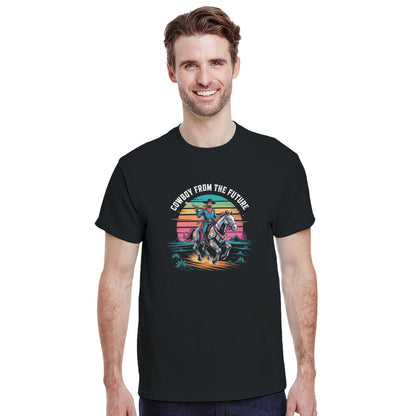 Retro-Futuristic Cowboy graphic design on a Heavyweight T-shirt
