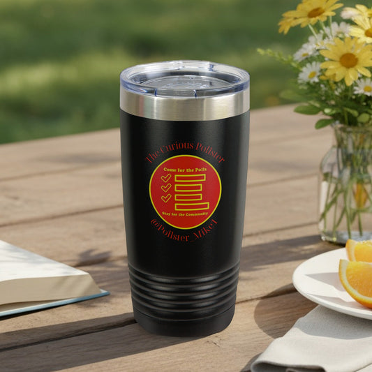 Black tumbler with "The Curious Pollster" logo and "@Pollster_Mikel" text.