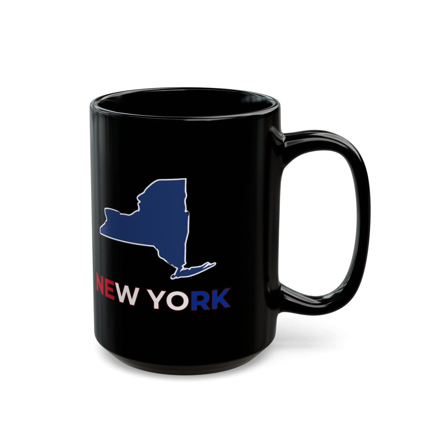 Black mug with New York state outline and text.