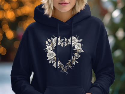 Elegant Floral Heart Pattern on Navy Hoodie Product