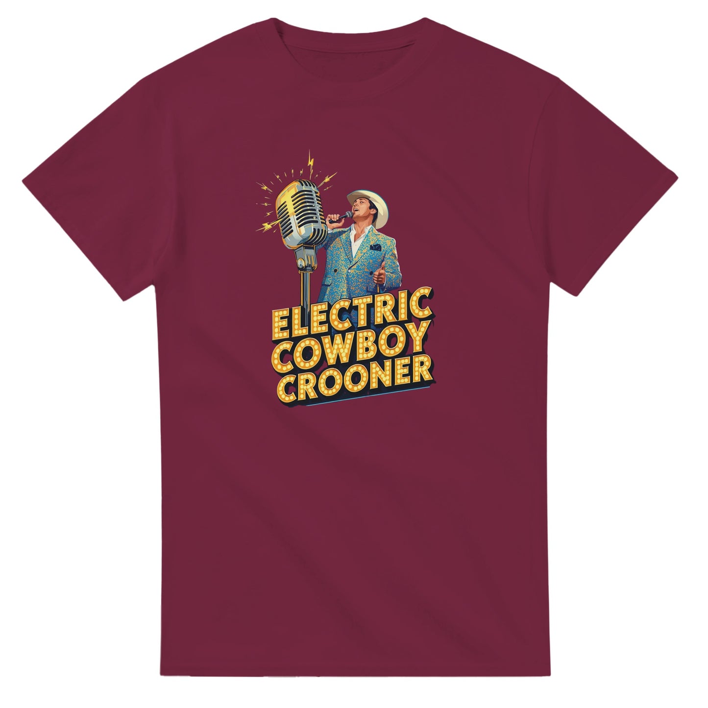 Person wearing a blue t-shirt with 'Electric Cowboy Crooner' design in a mall setting