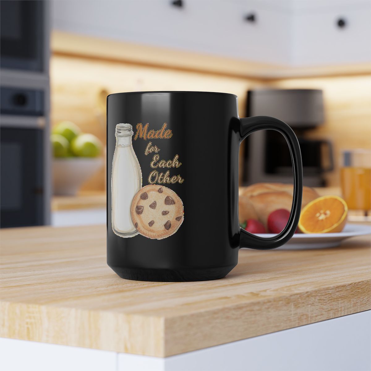 Milk and Cookies image with Made for Each Other text phrase on an 11/15oz Black Mug
