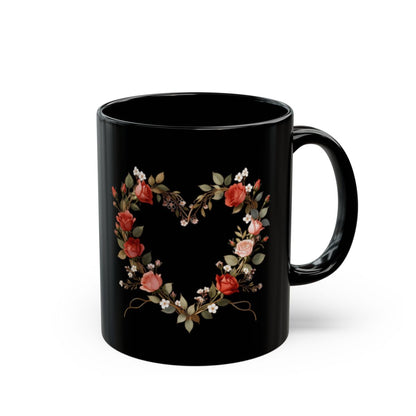 Heart-Shaped Floral Design Black Mug Perfect Gift