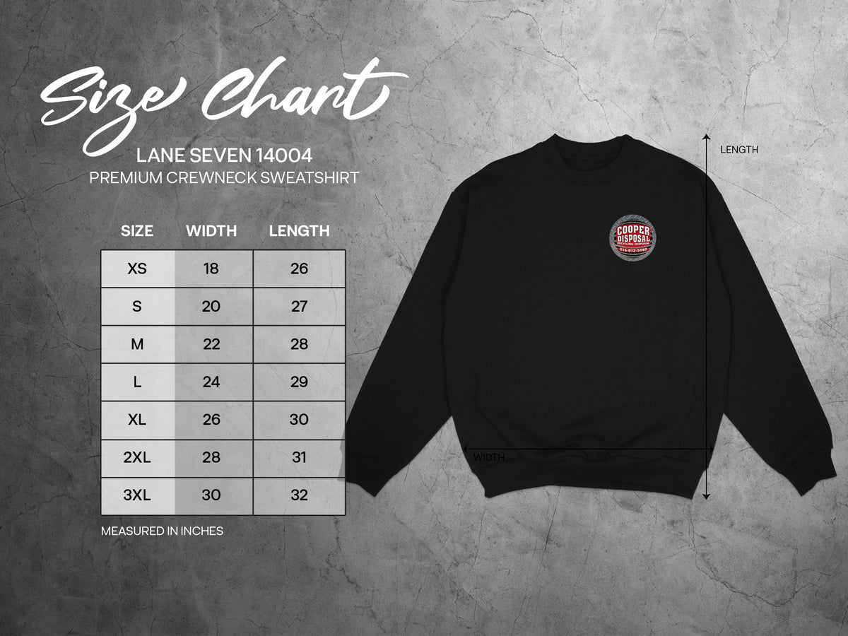 Lane Seven 14004 premium crewneck sweatshirt size chart with width and length measurements.