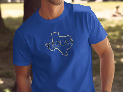 Blue t-shirt with a white outline of Texas and "TEXAS" text.