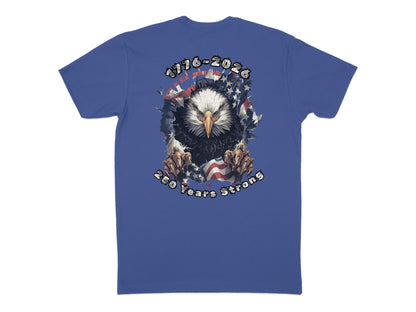 Blue t-shirt with eagle graphic and text "1776-2026 250 Years Strong".