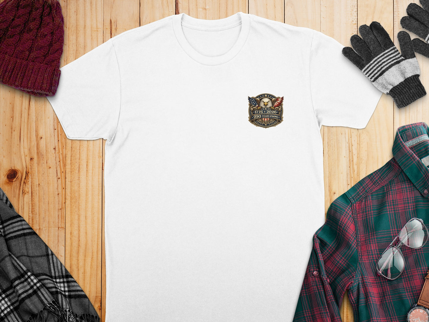 White t-shirt with patriotic "1776-2026 250 YEARS STRONG" graphic.