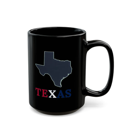 Black mug with a Texas outline and "TEXAS" in white and red.