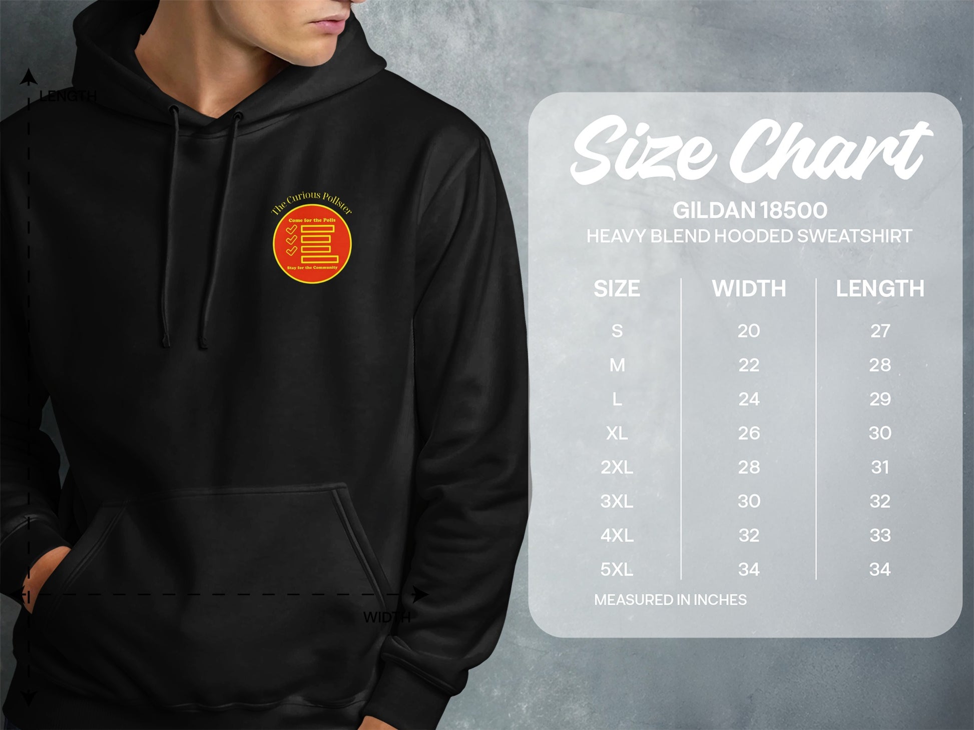 Size chart for Gildan 18500 hooded sweatshirt with dimensions.
