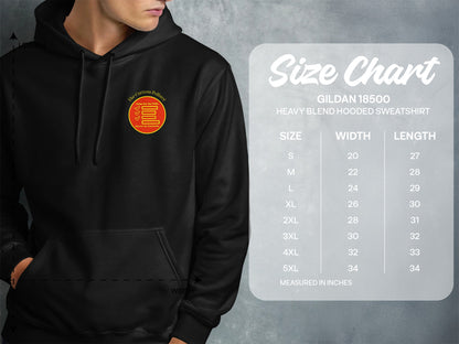 Size chart for Gildan 18500 hooded sweatshirt with dimensions.