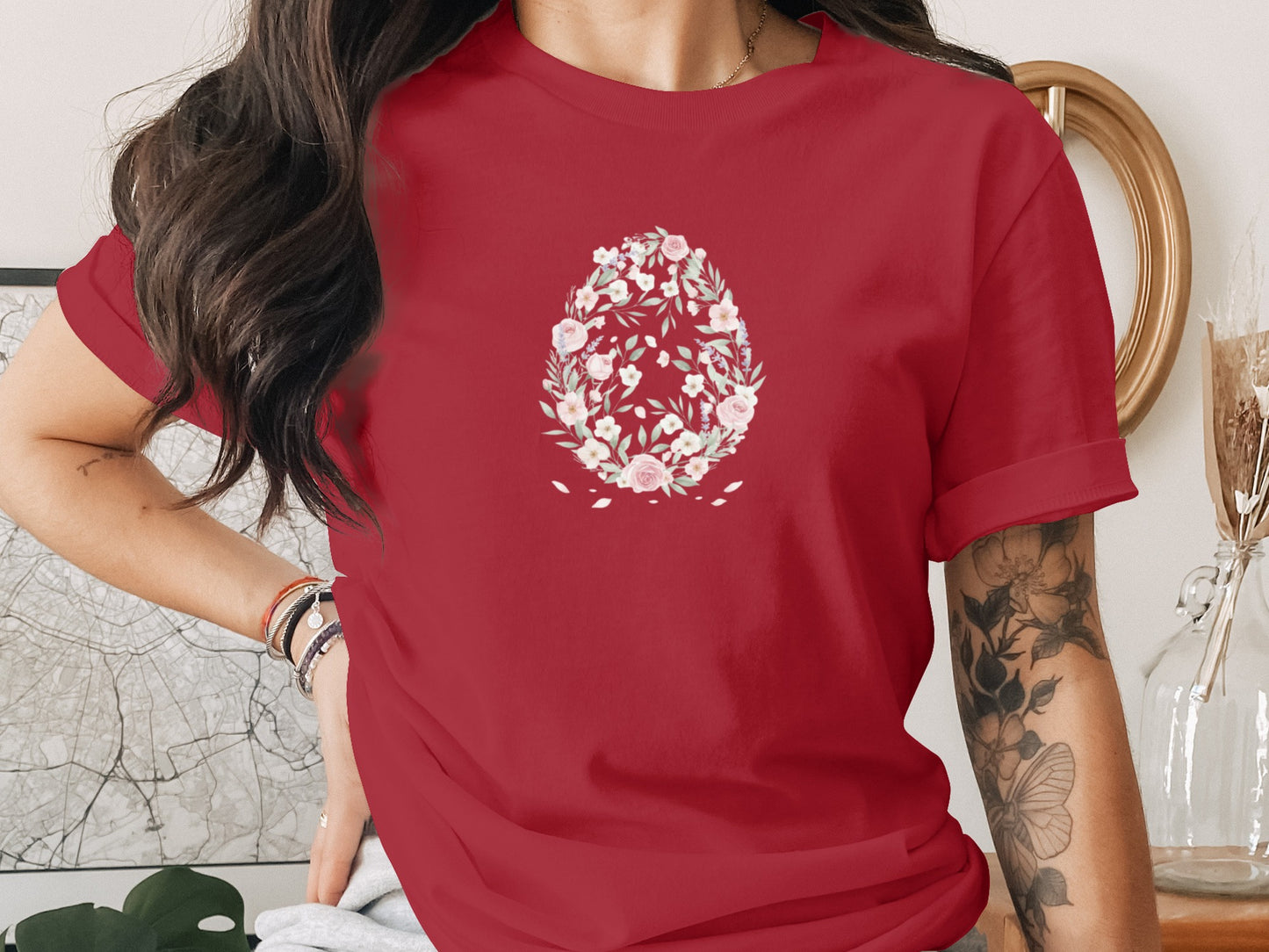 Floral Easter Egg Graphic Design Red T-Shirt