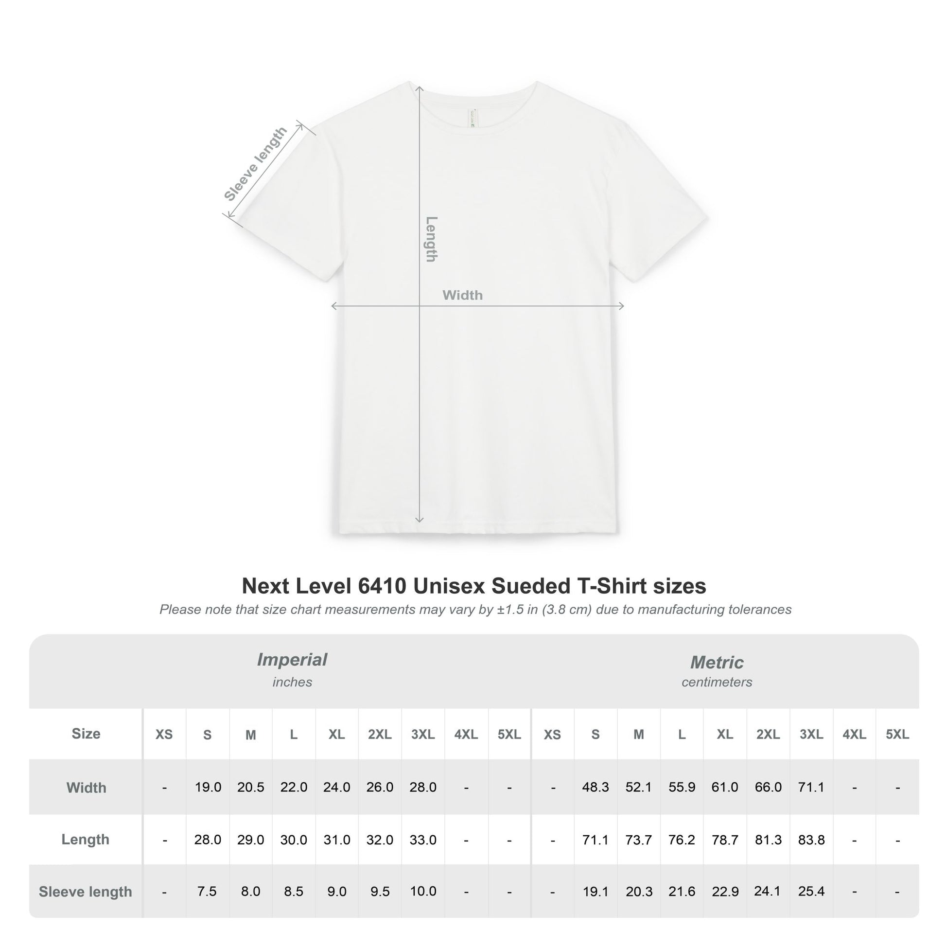 Next Level 6410 Unisex Sueded T-Shirt size chart with Imperial and Metric measurements.