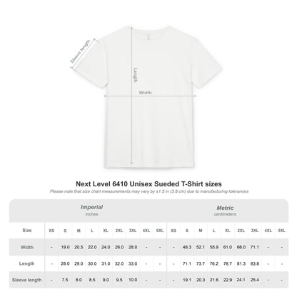 Next Level 6410 Unisex Sueded T-Shirt size chart with Imperial and Metric measurements.