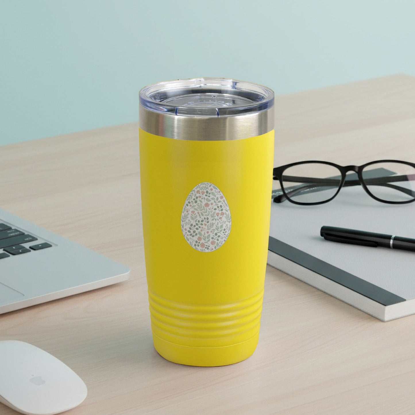 Bright Yellow Tumbler with Decorative Egg Design