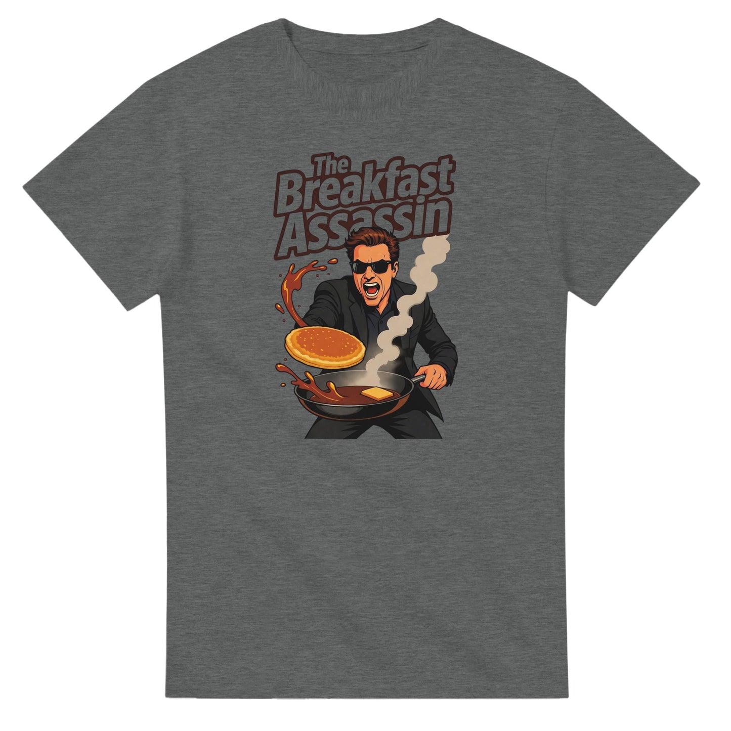 The Breakfast Assassin graphic design on a Heavyweight T-shirt