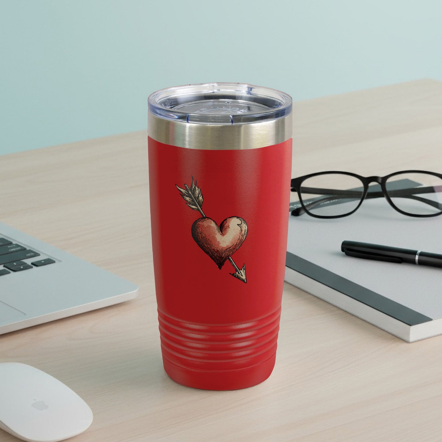 Red Travel Tumbler with Heart Arrow Design Product