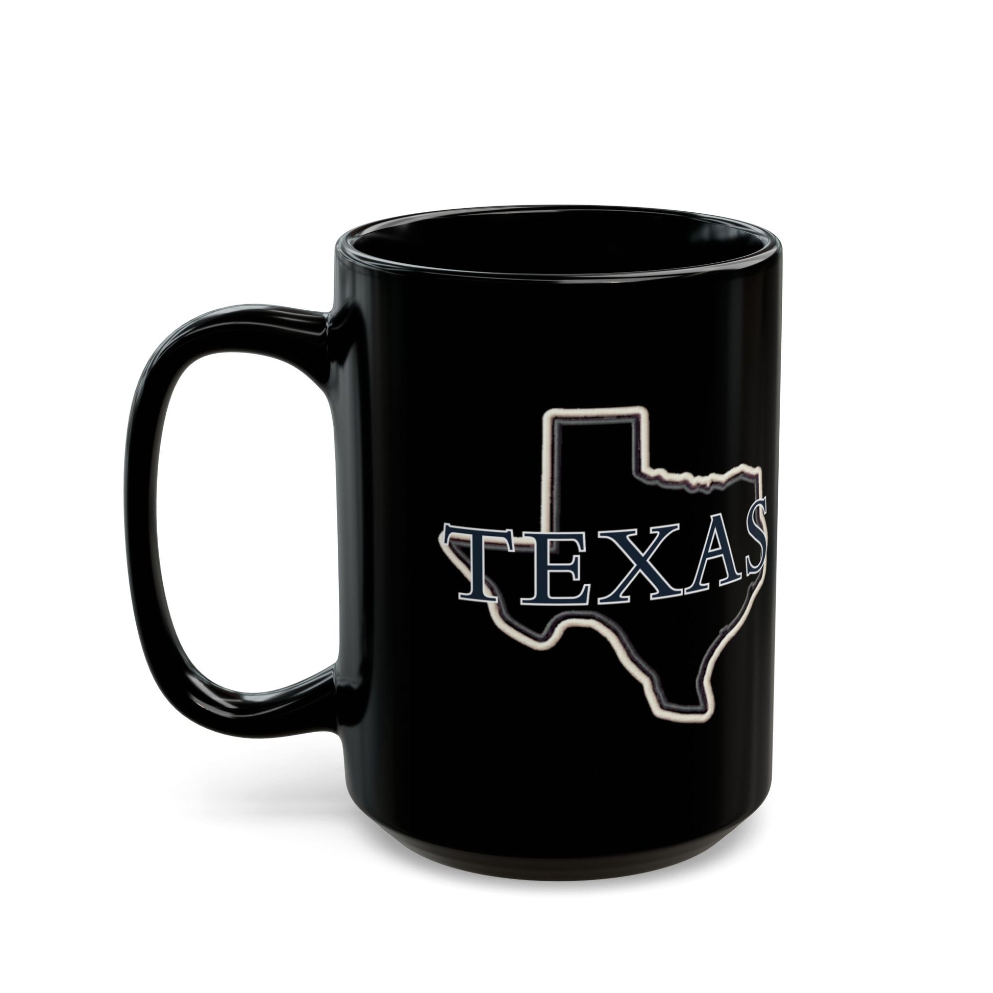 Black mug with Texas outline and text.
