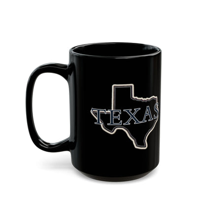 Black mug with Texas outline and text.
