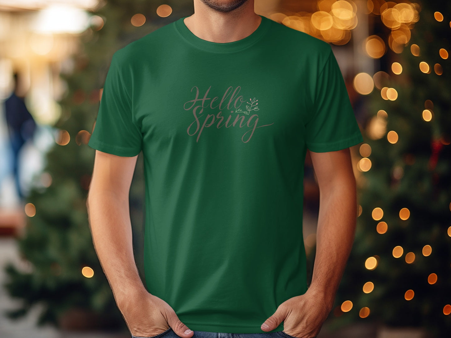 Festive Green Hello Spring Themed T-shirt for Any Occasion