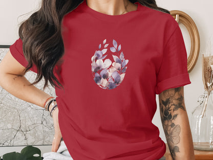 Floral Graphic Red Short Sleeve Casual Tee Shirt