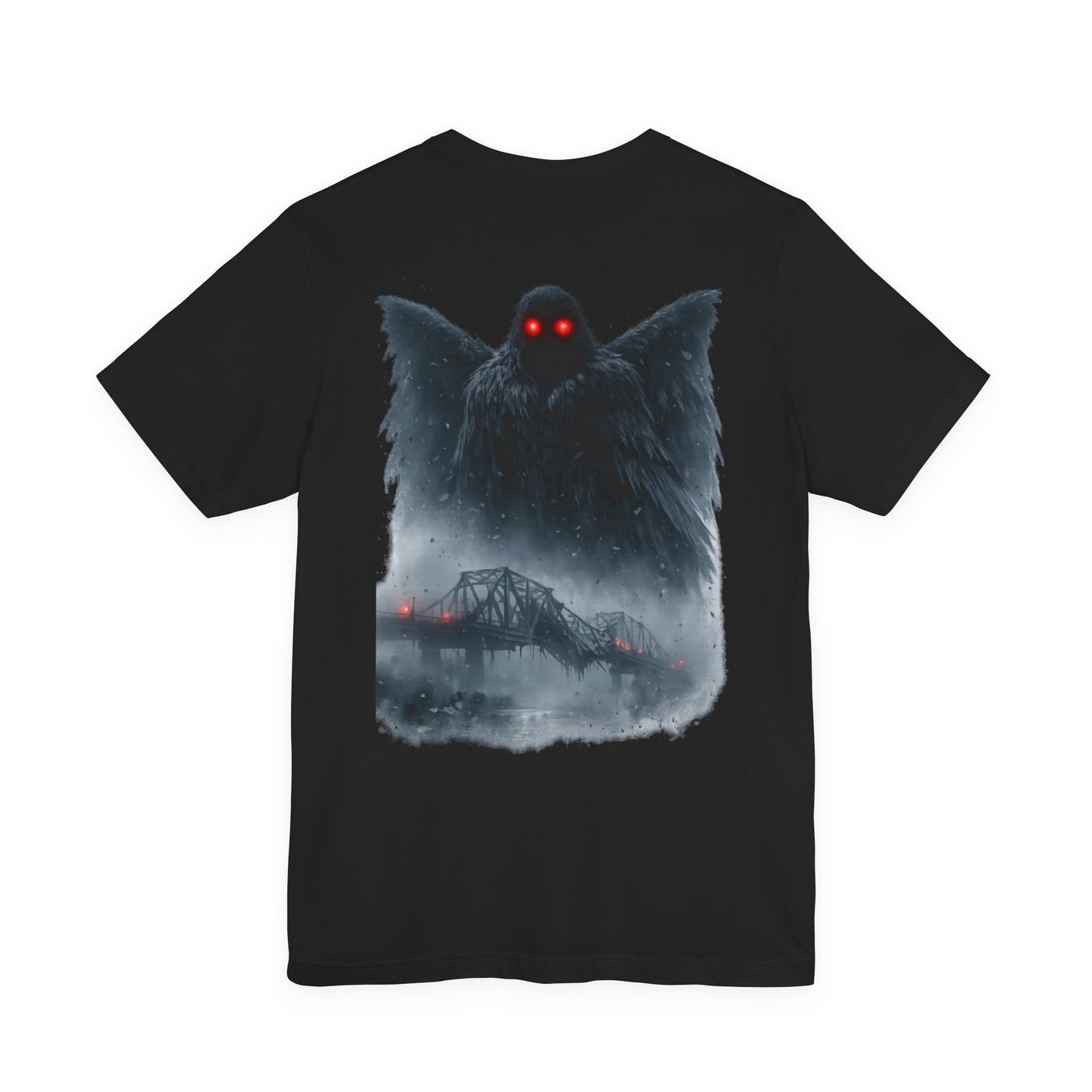 Dark figure with glowing red eyes above a decaying bridge in fog.
