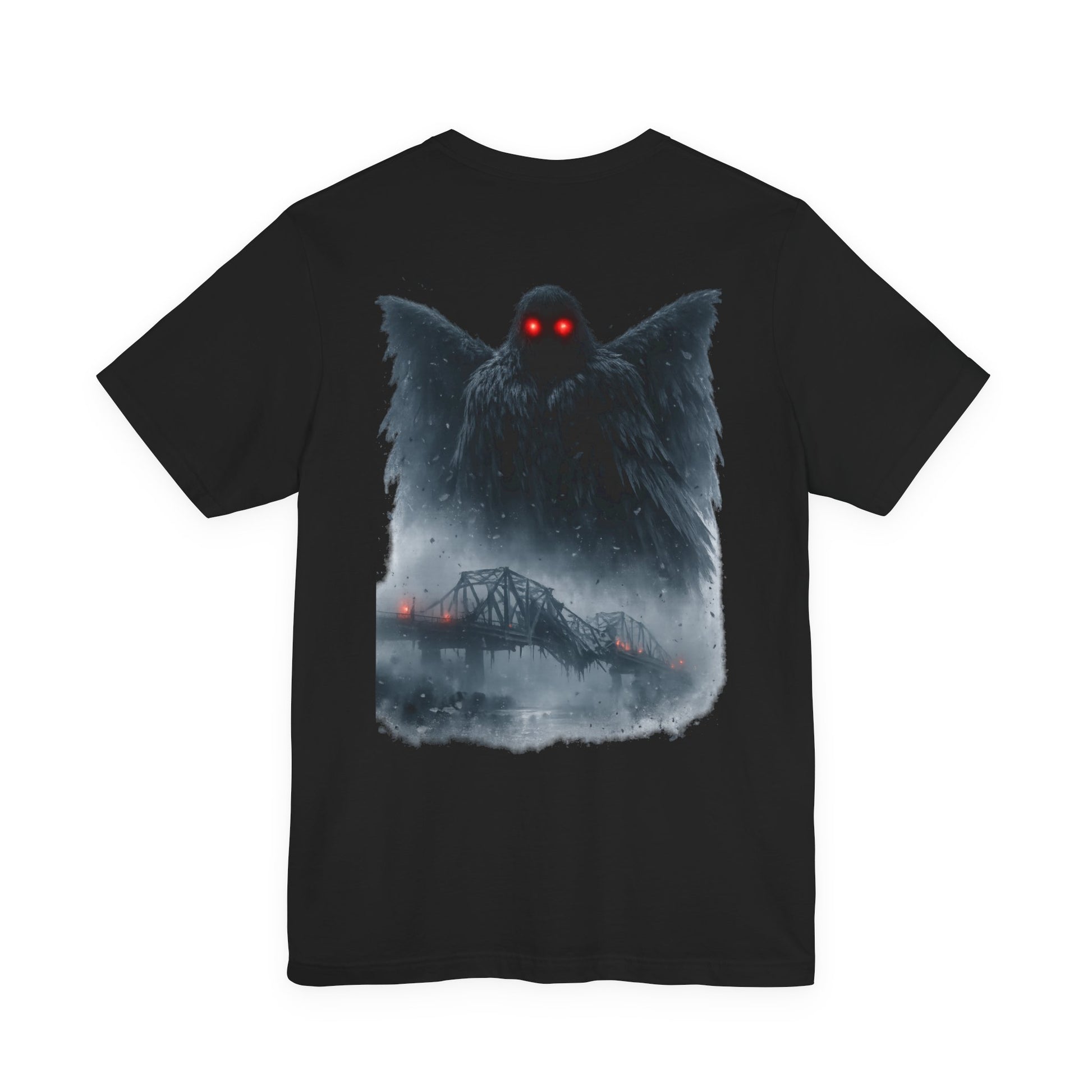 Dark figure with glowing red eyes above a decaying bridge in fog.